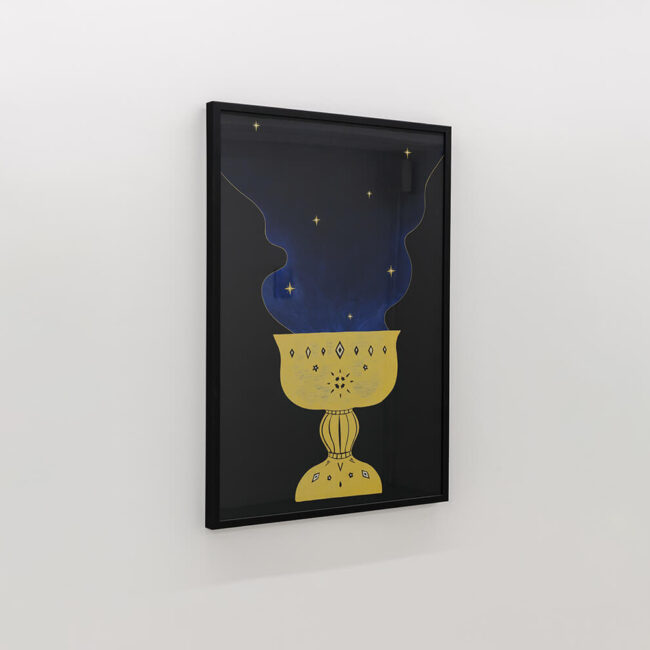 Pencil and acrylic marker drawing of an embellished golden cup on a black background, with blue, sparkling smoke rising from the cup.